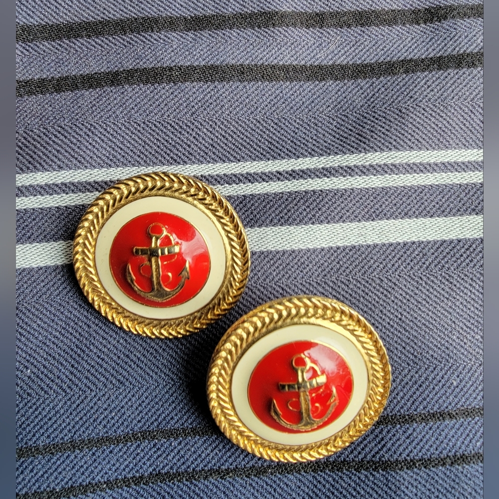 Vintage Red, White & Gold Anchor pierced Earrings